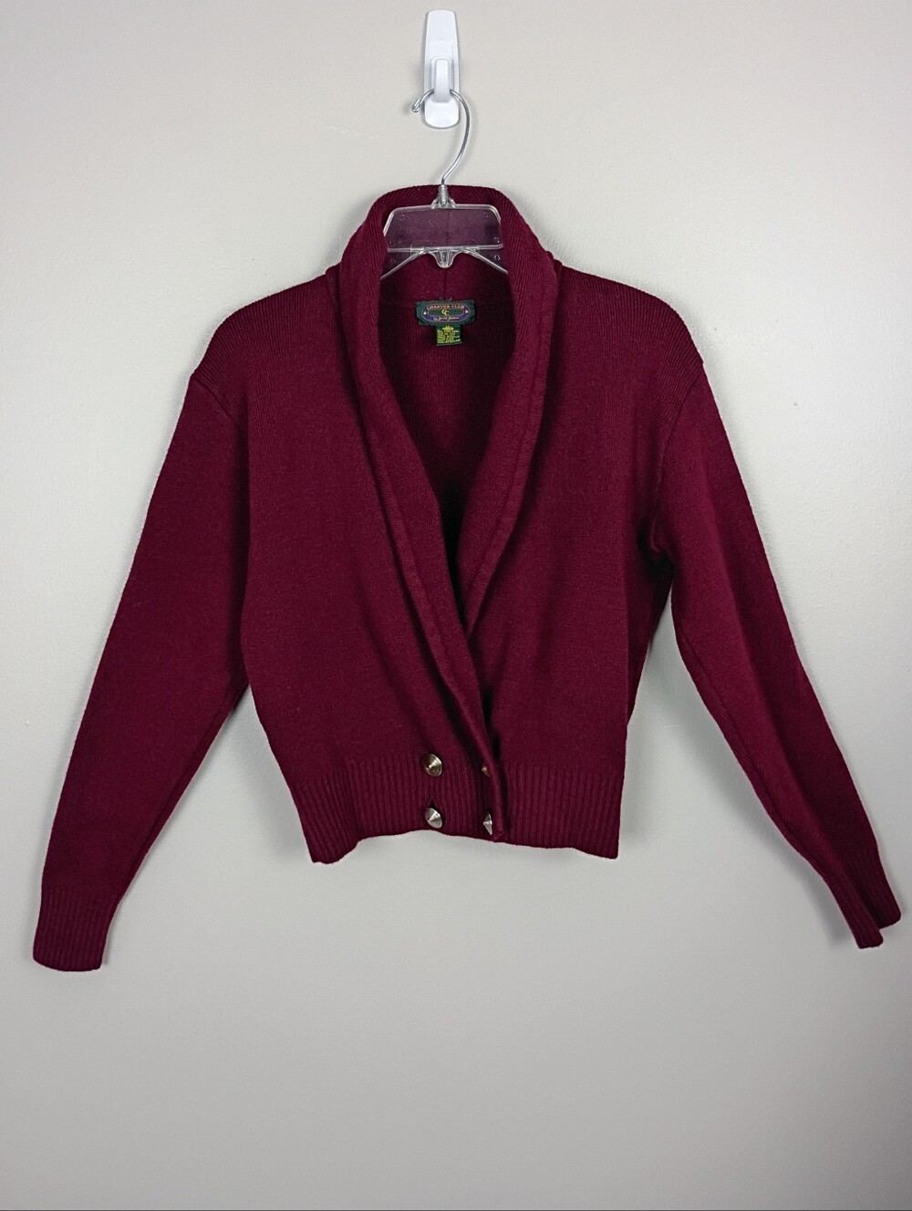 VTG Charter Club Jane Justin 100% Wool Shawl Collar Cropped Cardigan Sweater M